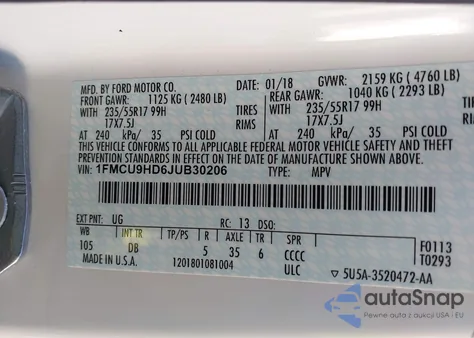 2018 Ford Escape Sel из США, поврежденный, VIN 1FMCU9HD6JUB30206